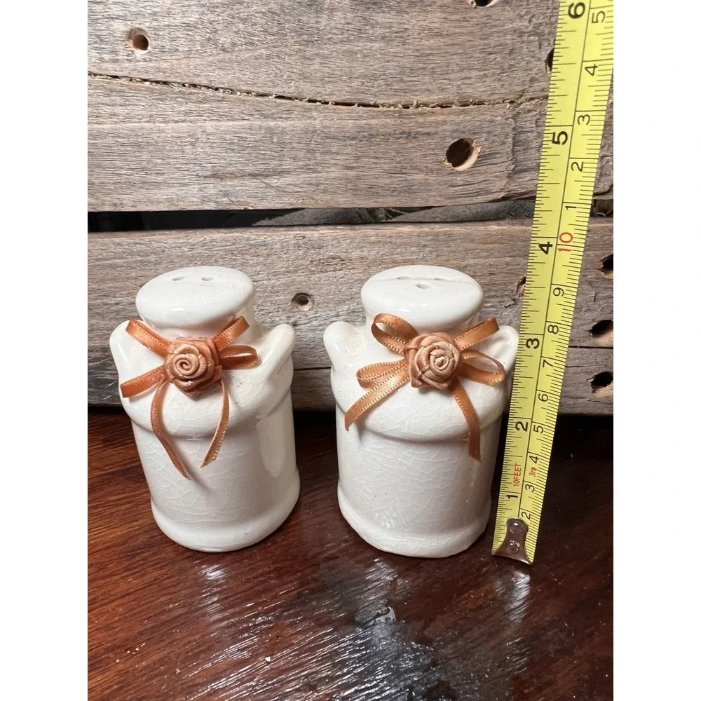 Ceramic Milk Cans Salt and Pepper Shakers Country Style Silk Ribbon Rose Vintage
